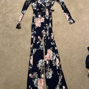 Floral Wrap Jumpsuit - Navy with Pink Floral